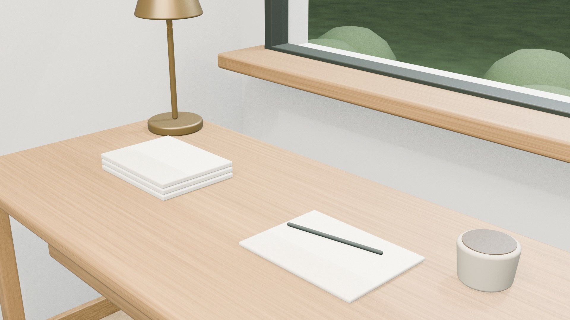 Close view of the study's oak furniture and soft fabric
