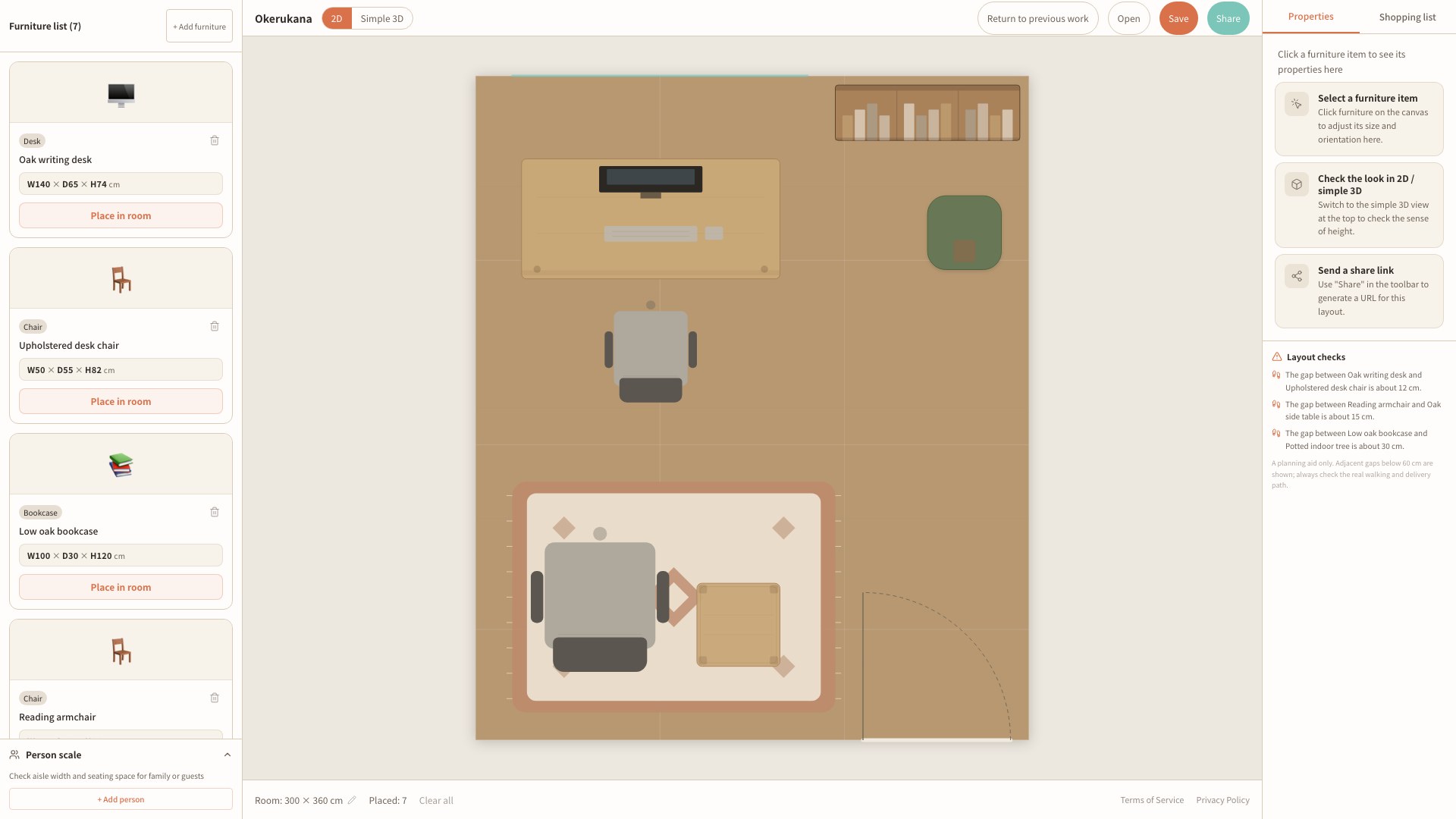 Actual Okerukana editor with this study's seven furnishings loaded