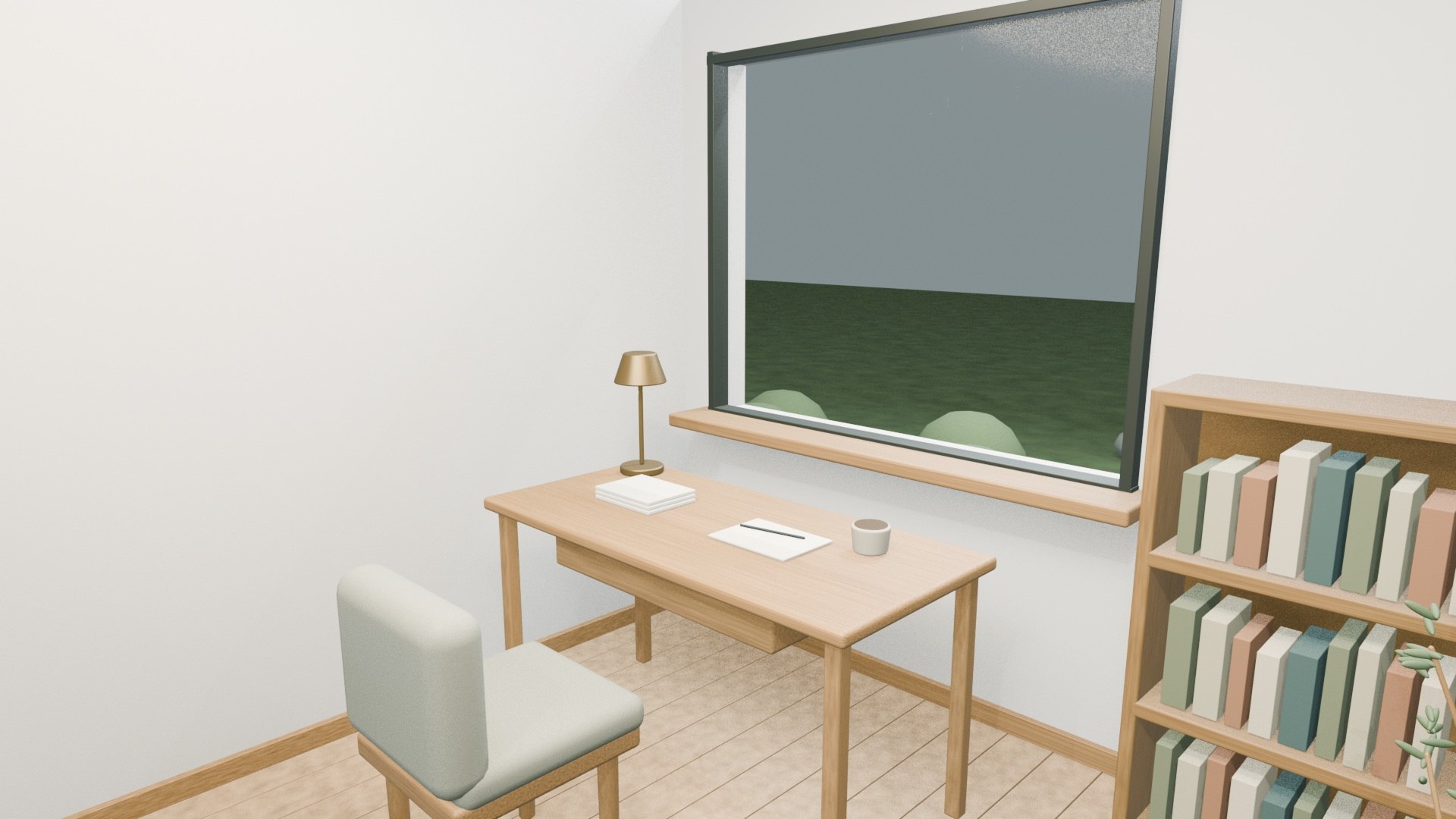 Original 3D visualization of the study, with an oak desk facing the garden window